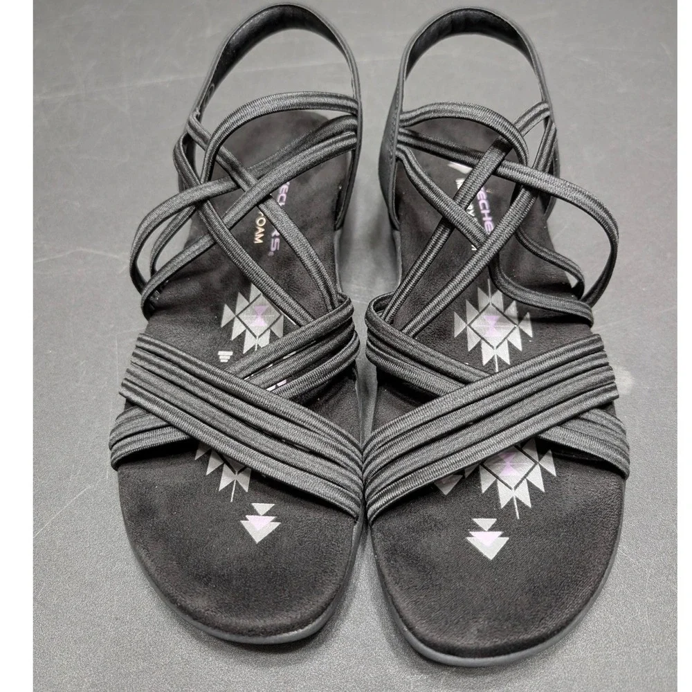 Skechers Reggae Slim Vacay Black Strappy Memory Foam Sandals Womens 7